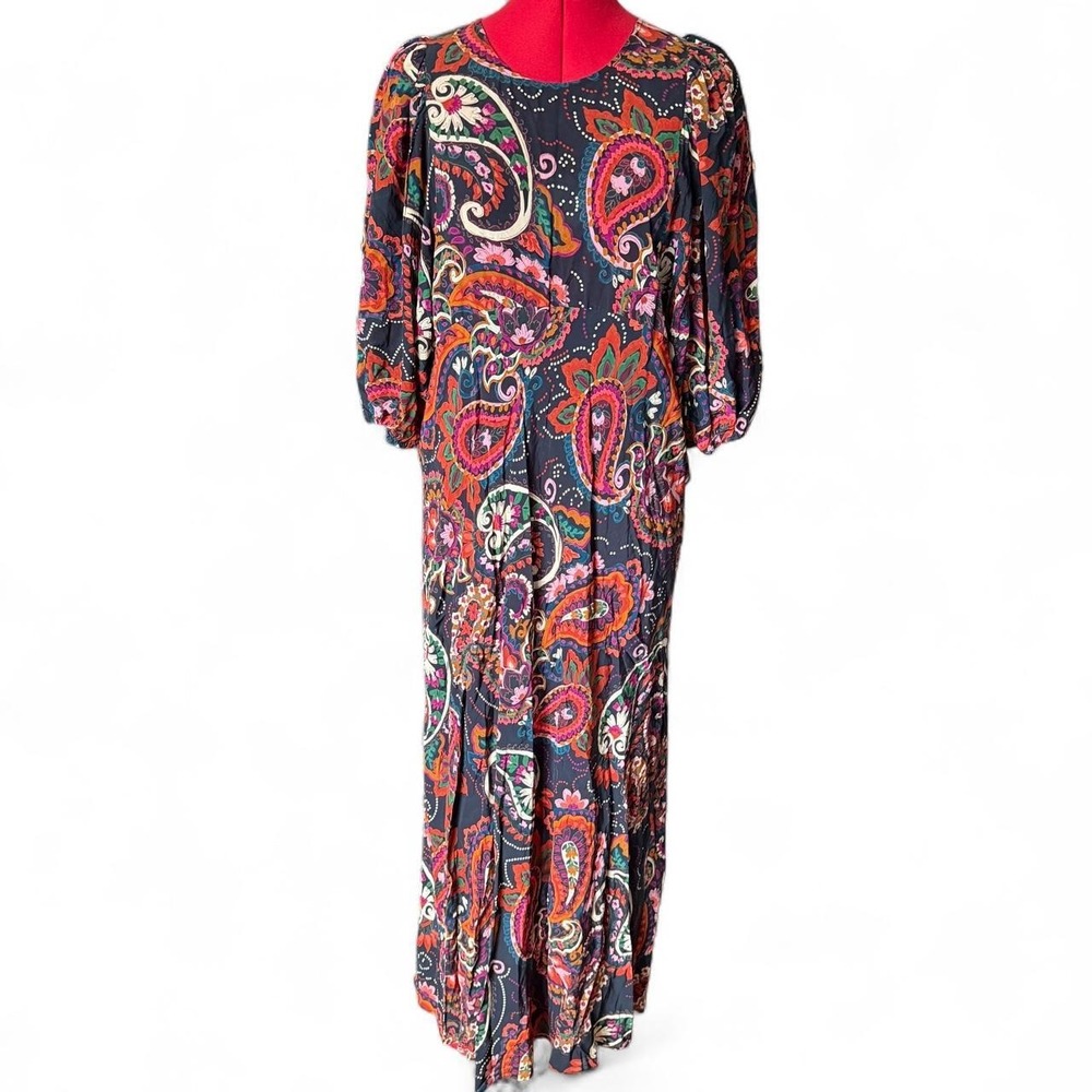 Kachel Anthropologie Black Paisley Midi Maxi Dress Puff Sleeve XL